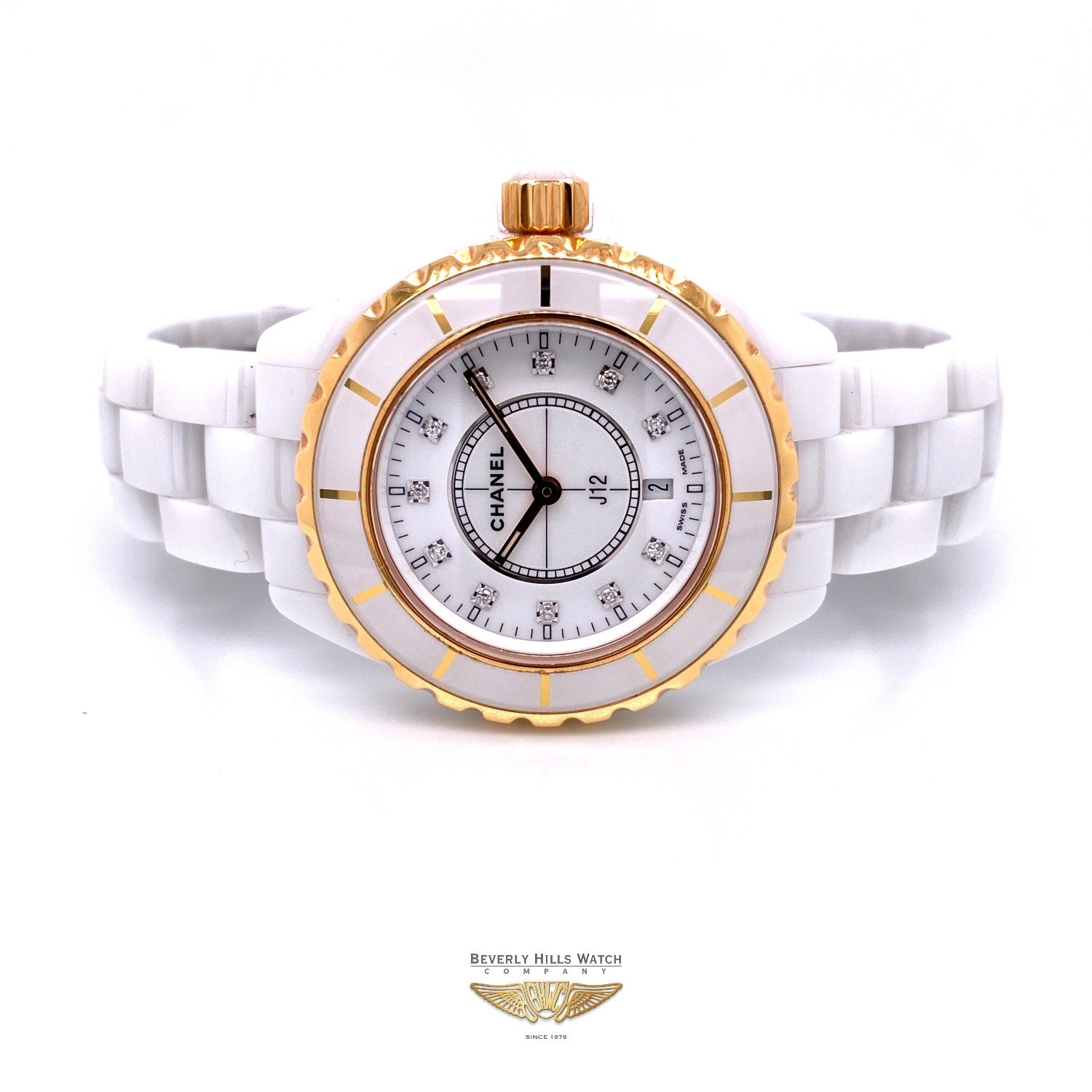 Chanel J12 33mm Rose Gold and White Ceramic Diamond Dial H2128