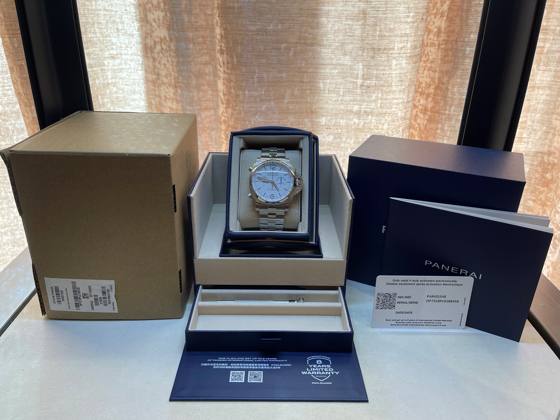 Panerai Luminor Chronograph 44mm Stainless Steel White Dial PAM01548 - Beverly Hills Watch Company