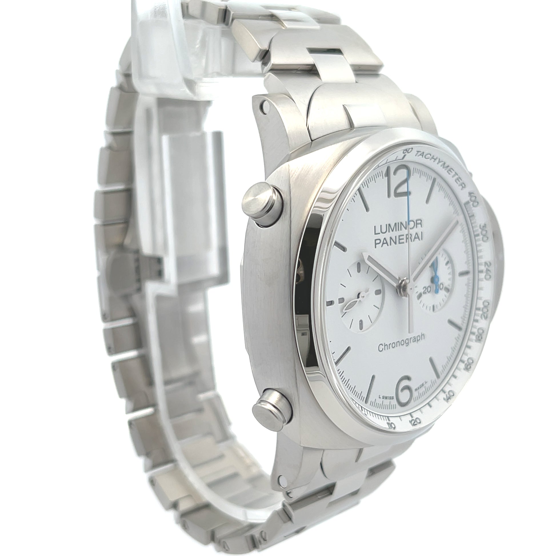 Panerai Luminor Chronograph 44mm Stainless Steel White Dial PAM01548 - Beverly Hills Watch Company