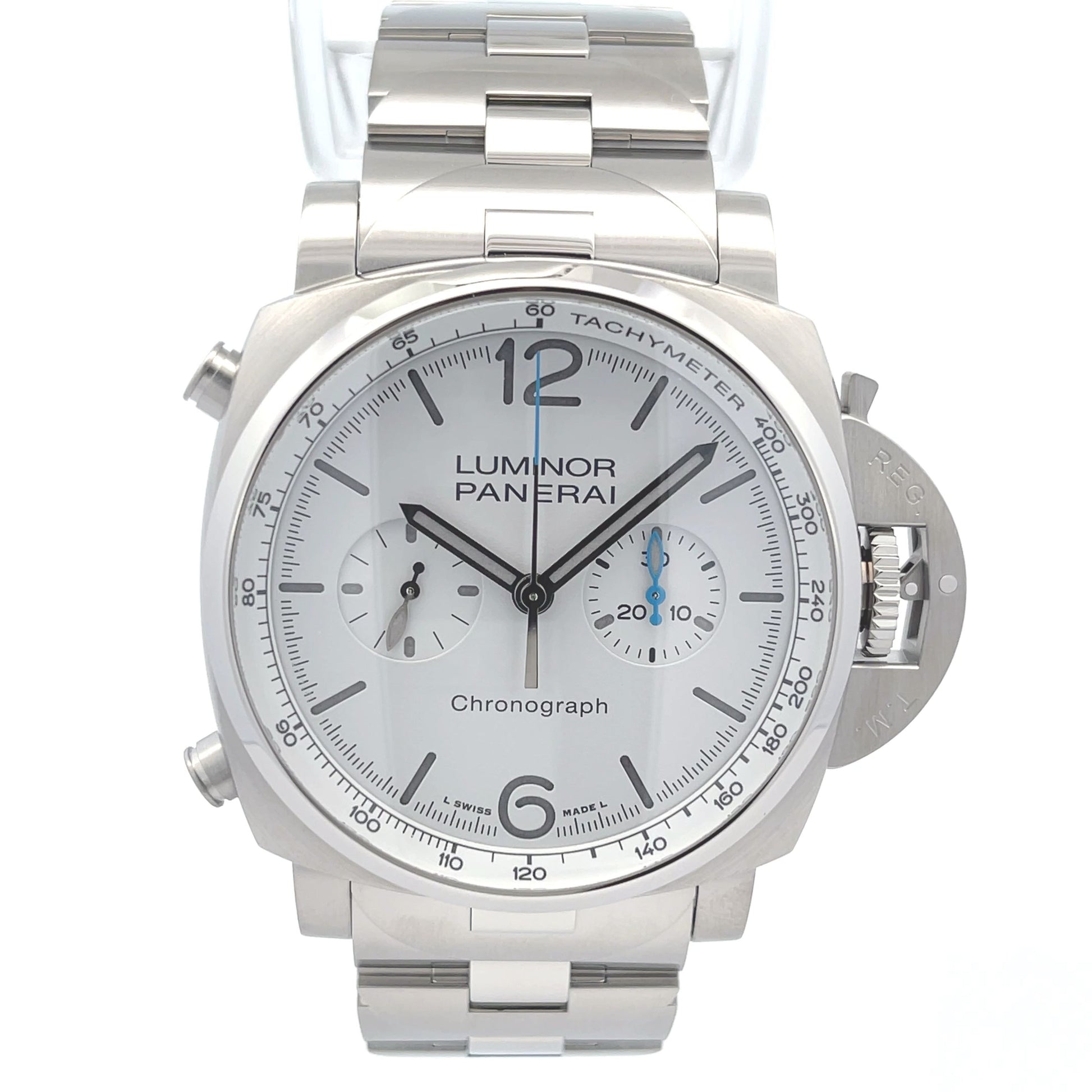 Panerai Luminor Chronograph 44mm Stainless Steel White Dial PAM01548 - Beverly Hills Watch Company