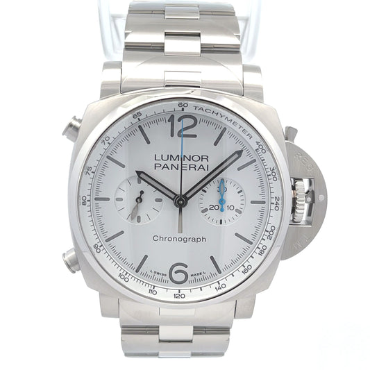 Panerai Luminor Chronograph 44mm Stainless Steel White Dial PAM01548 - Beverly Hills Watch Company