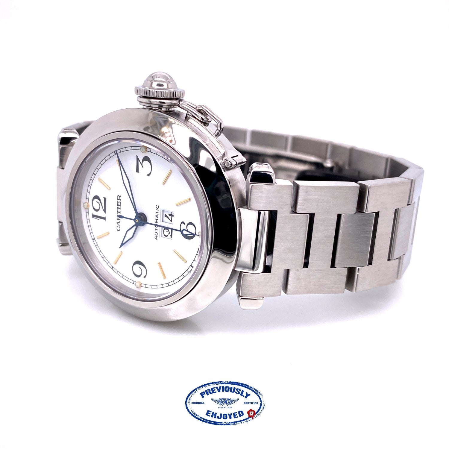 Cartier Pasha C 35MM Stainless Steel Automatic White Dial Big Date Bracelet W31074M7 0LKY92 - Beverly Hills Watch Company Watch Store