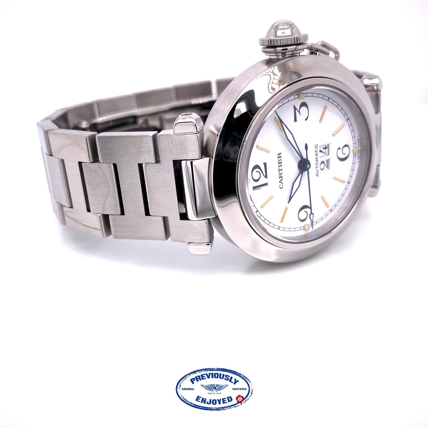 Cartier Pasha C 35MM Stainless Steel Automatic White Dial Big Date Bracelet W31074M7 0LKY92 - Beverly Hills Watch Company Watch Store