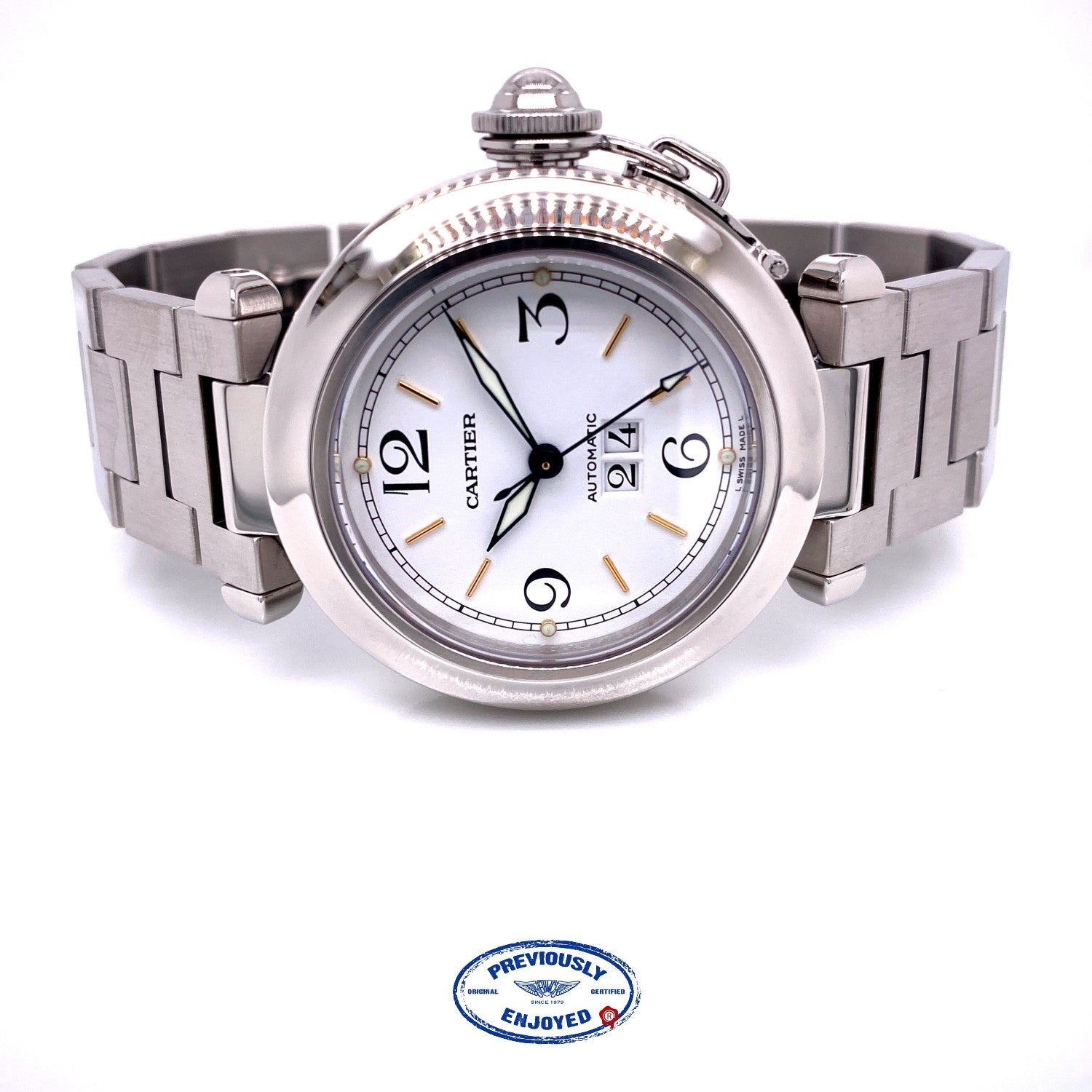 Cartier Pasha C 35MM Stainless Steel Automatic White Dial Big Date Bracelet W31074M7 0LKY92 - Beverly Hills Watch Company Watch Store