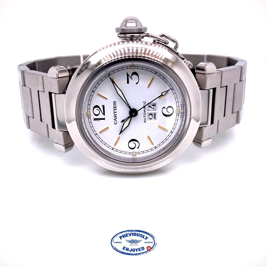 Cartier Pasha C 35MM Stainless Steel Automatic White Dial Big Date Bracelet W31074M7 0LKY92 - Beverly Hills Watch Company Watch Store
