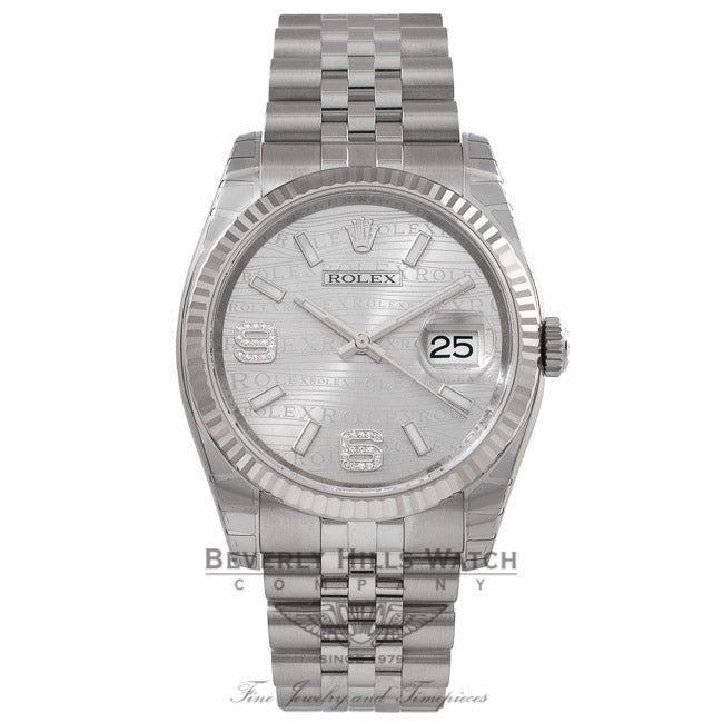 Rolex Datejust 36MM Stainless Steel 18k White Gold Fluted Bezel Silver Wave Jubilee Dial 116234 4FKTH8 - Beverly Hills Watch Company Watch Store