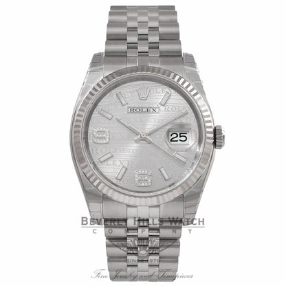 Rolex Datejust 36MM Stainless Steel 18k White Gold Fluted Bezel Silver Wave Jubilee Dial 116234 4FKTH8 - Beverly Hills Watch Company Watch Store