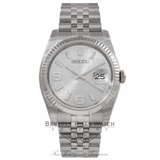 Rolex Datejust 36MM Stainless Steel 18k White Gold Fluted Bezel Silver Wave Jubilee Dial 116234 4FKTH8 - Beverly Hills Watch Company Watch Store