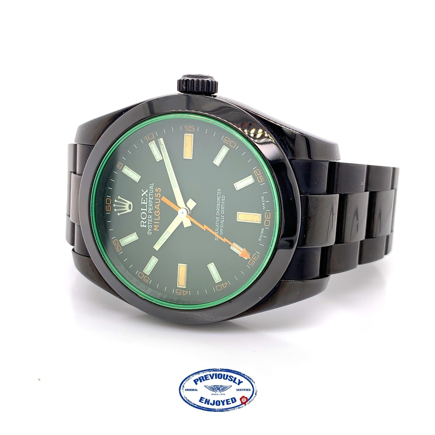 Rolex Milgauss 40mm Green Sapphire Crystal DLC Coated Black Dial 116400 XCQHX3 - Beverly Hills Watch Company