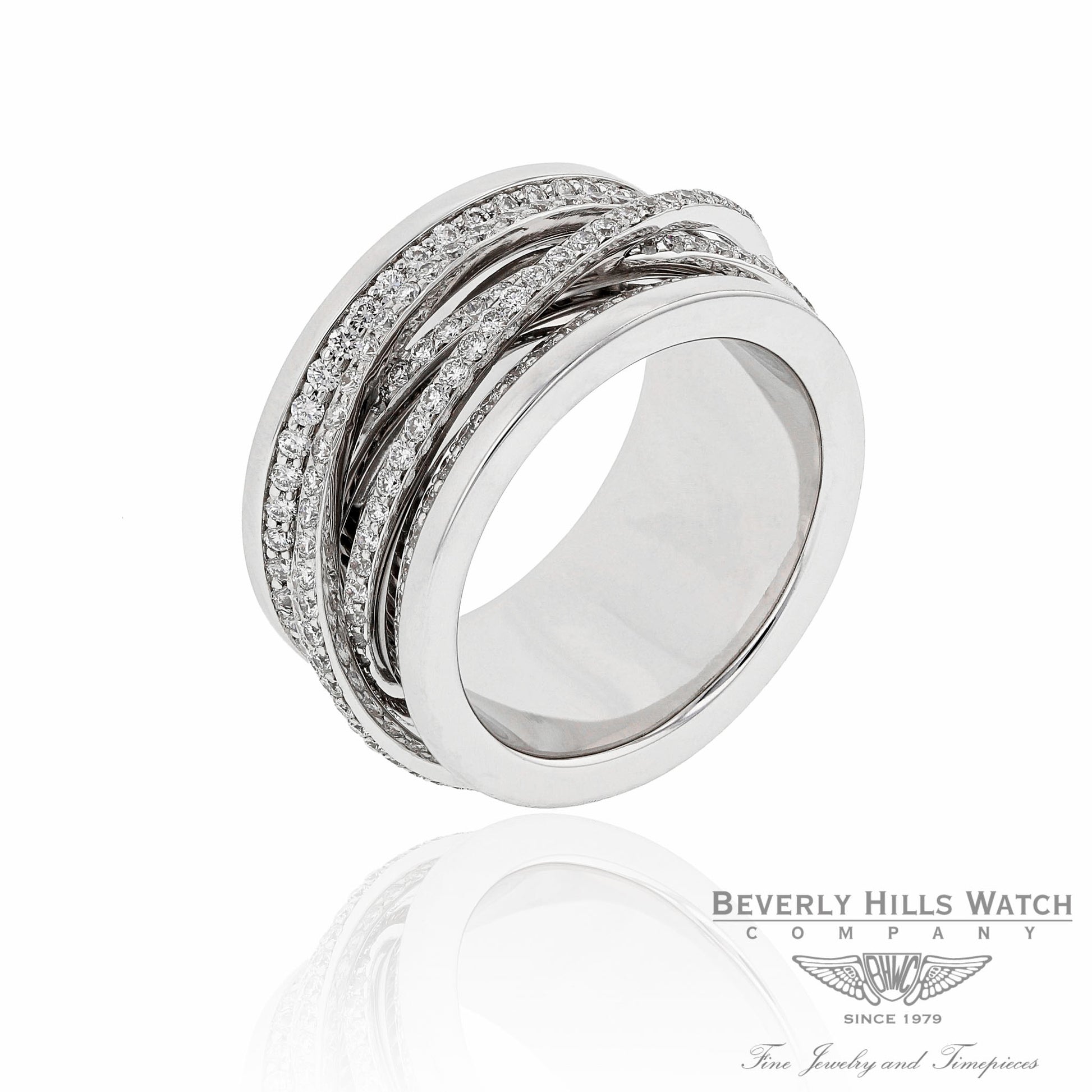 18k White Gold Diamond Ring Thin Bands Criss Crossing on a Solid Gold Band AV53JX - Beverly Hills Watch