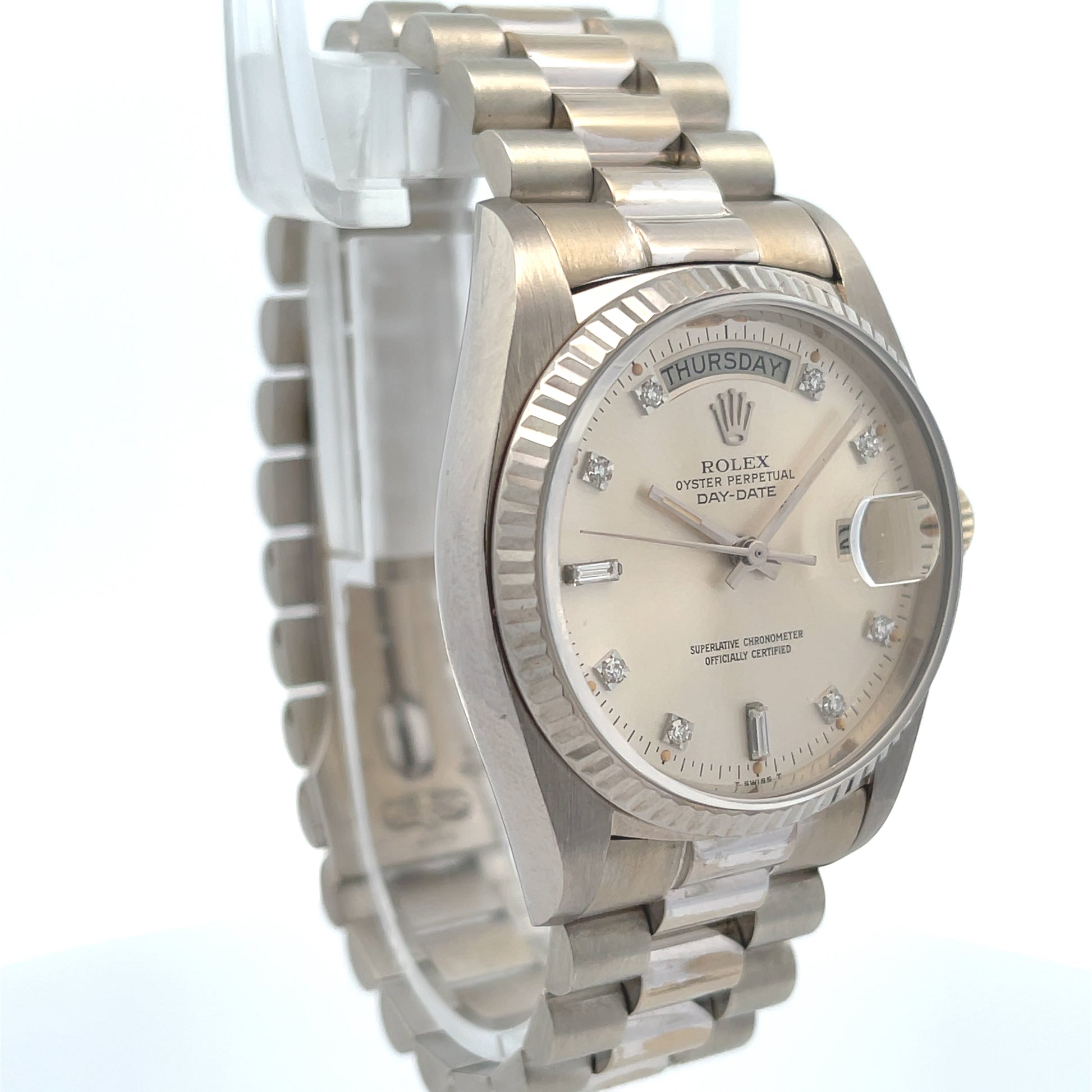 Rolex Day-Date President 36mm White Gold Diamond Dial 18039 - Beverly Hills Watch Company