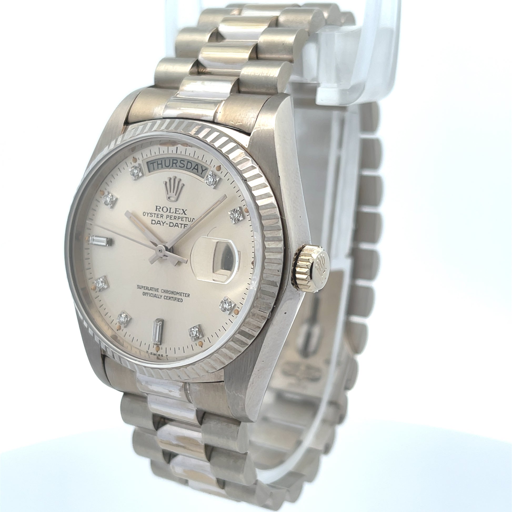 Rolex Day-Date President 36mm White Gold Diamond Dial 18039 - Beverly Hills Watch Company