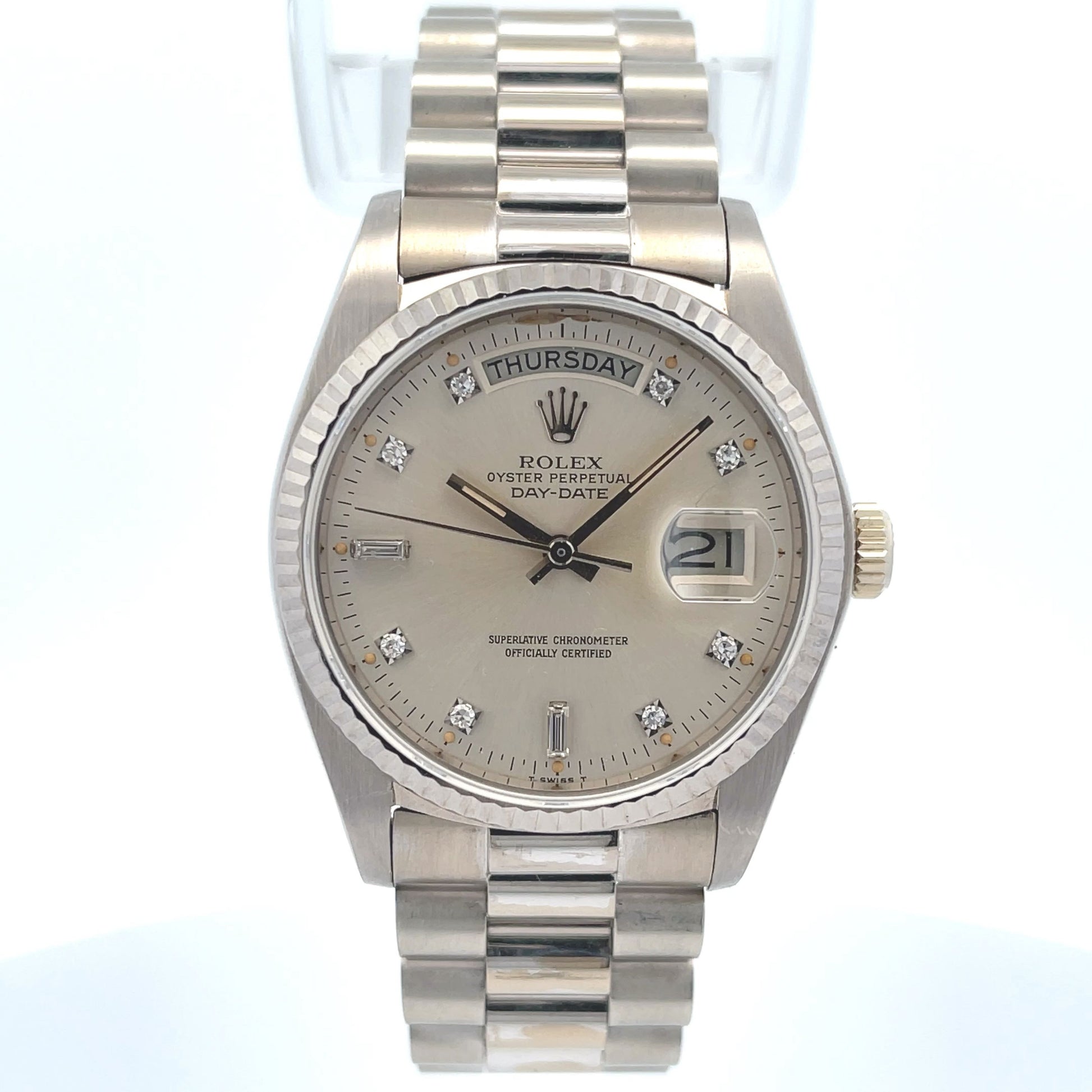 Rolex Day-Date President 36mm White Gold Diamond Dial 18039 - Beverly Hills Watch Company