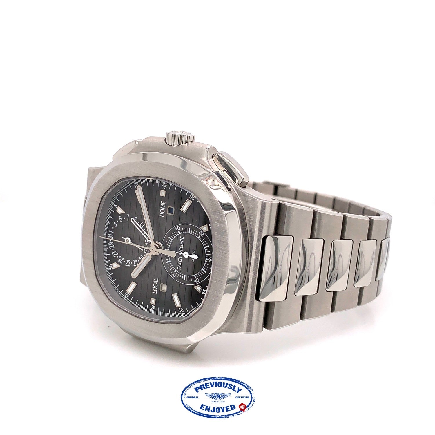 Patek Philippe Nautilus Travel Time Chronograph Stainless Steel Black Dial 5990/1A-001 Q63J53 - Beverly Hills Watch Company Watch Store