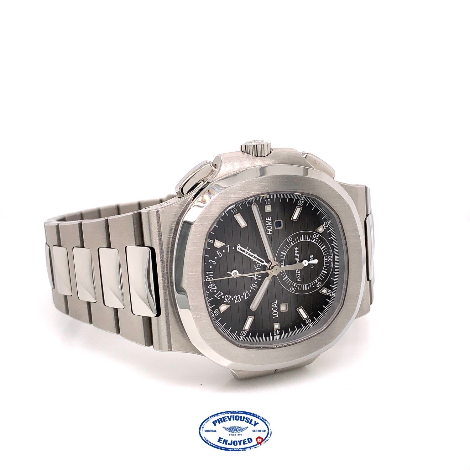 Patek Philippe Nautilus Travel Time Chronograph Stainless Steel Black Dial 5990/1A-001 Q63J53 - Beverly Hills Watch Company Watch Store