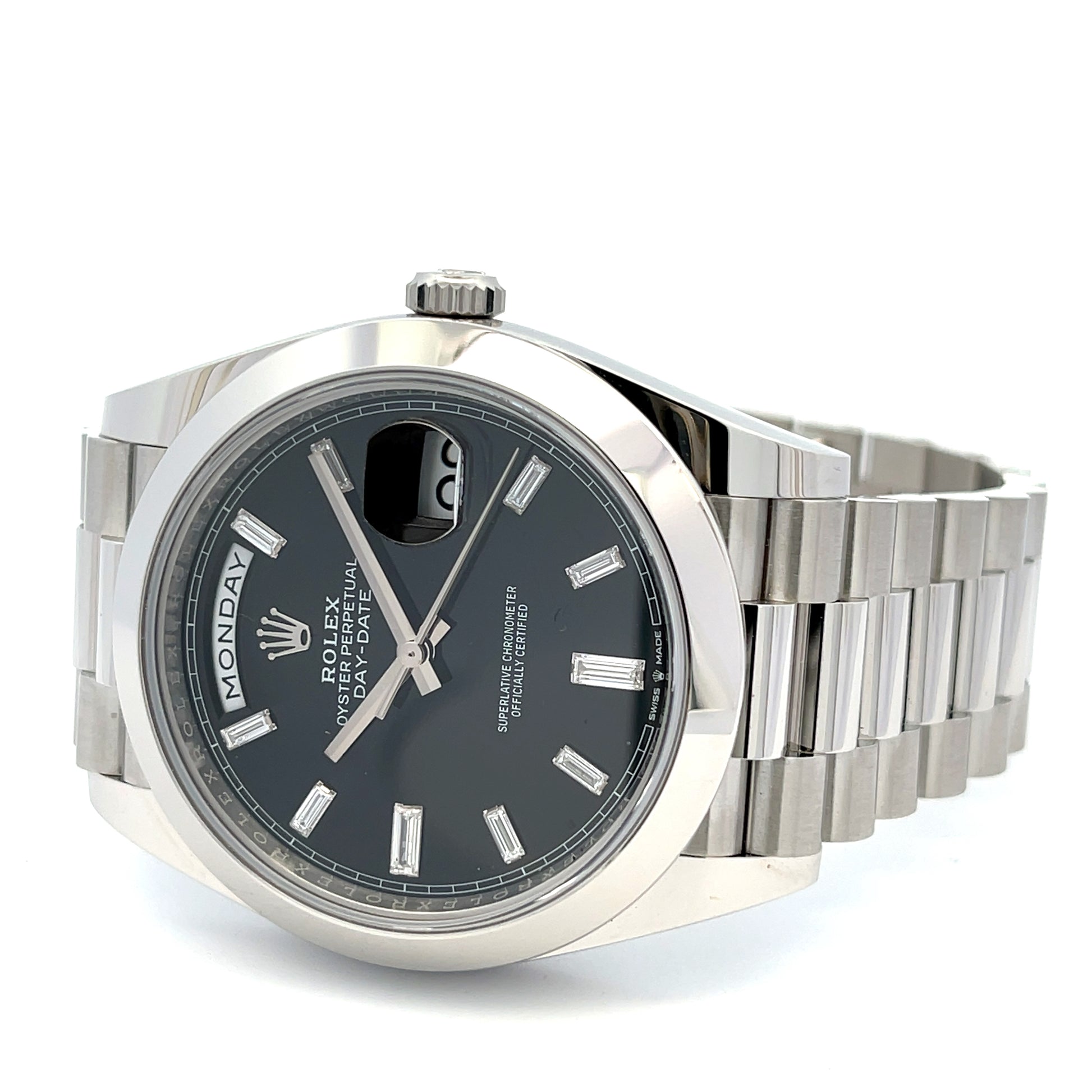 Rolex Day Date Platinum 40mm Black Baguette Diamond Dial 228206 - Beverly Hills Watch CompanyRolex Day Date Platinum 40mm Black Baguette Diamond Dial 228206 - Beverly Hills Watch Company