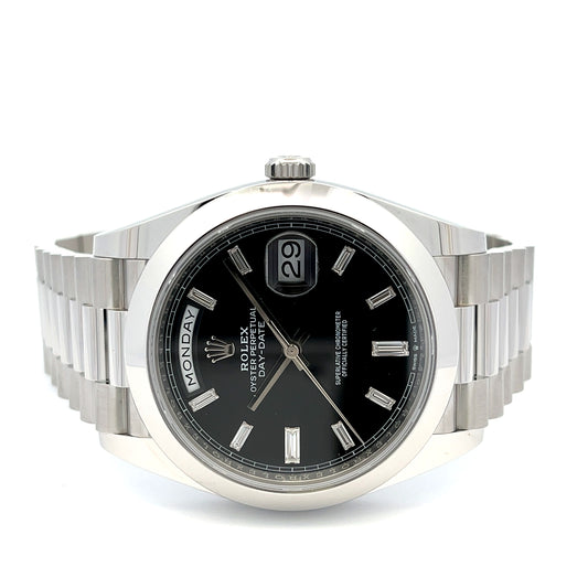Rolex Day Date Platinum 40mm Black Baguette Diamond Dial 228206 - Beverly Hills Watch Company