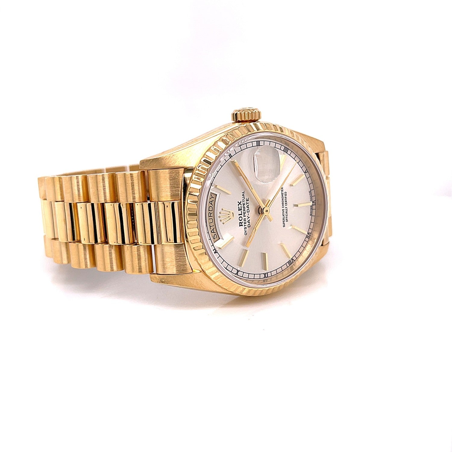 Rolex 36mm Day-Date President Yellow Gold Silver Index Dial 18238 - Beverly Hills Watch Company