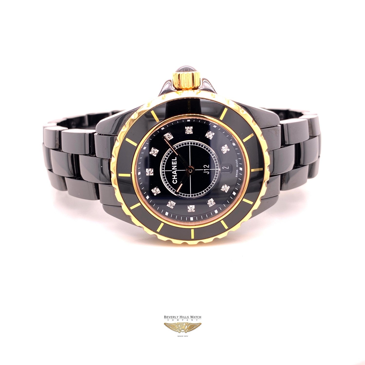 Chanel J12 33mm Rose Gold and Black Ceramic Diamond Dial H2543 2VM943 - Beverly Hills Watch Company