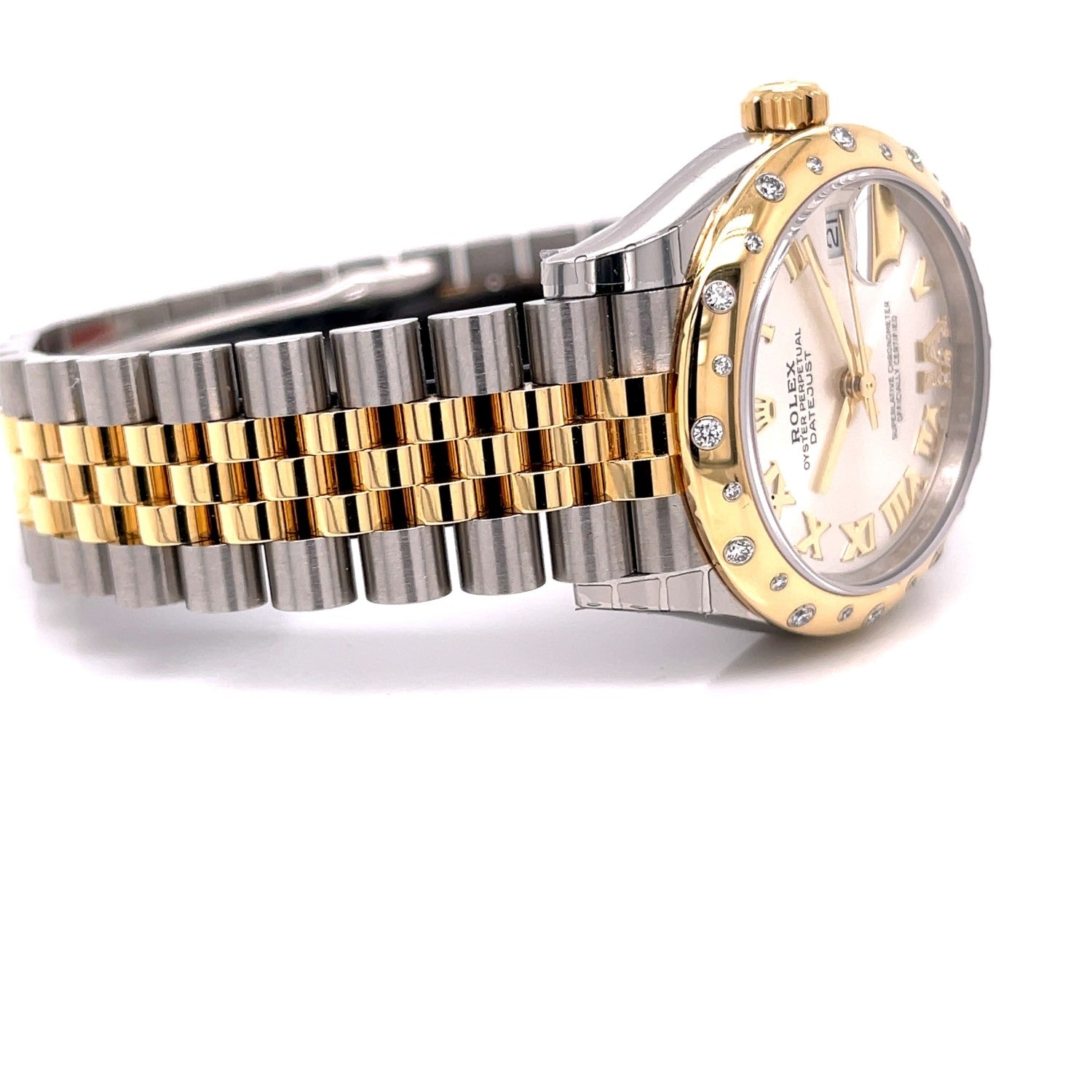 Rolex Datejust 31mm Domed Diamond Bezel Yellow gold and Stainless Silver Roman Diamond Dial 278343RBR 39M5K8 - Beverly Hills Watch Company