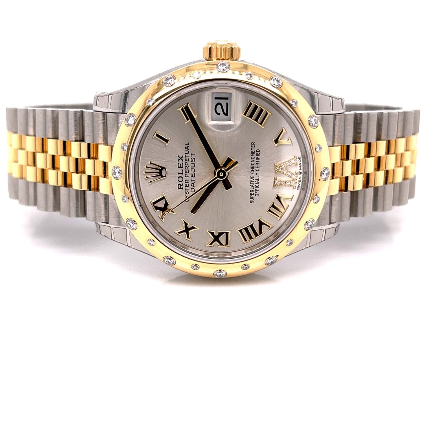 Rolex Datejust 31mm Domed Diamond Bezel Yellow gold and Stainless Silver Roman Diamond Dial 278343RBR 39M5K8 - Beverly Hills Watch Company
