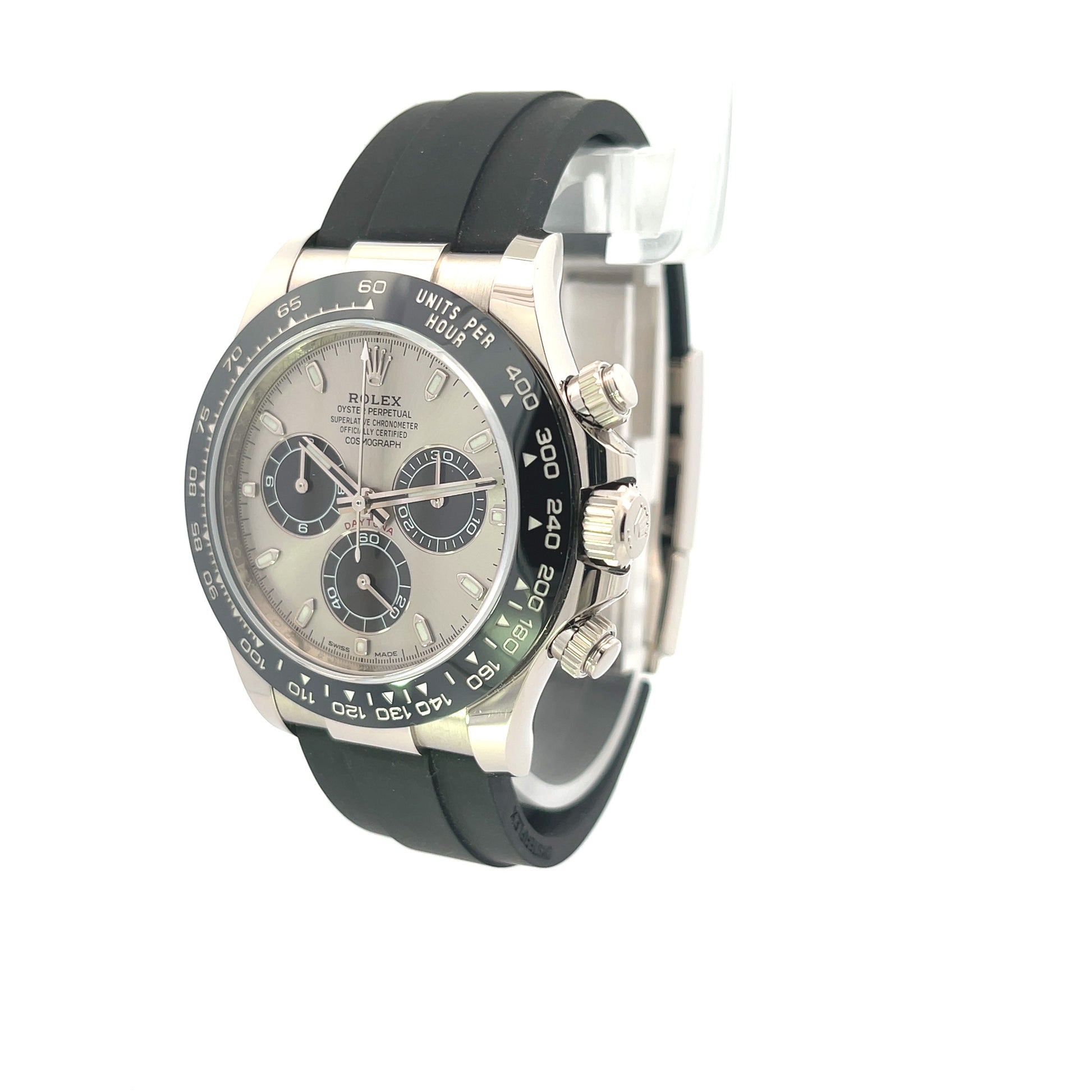 Rolex Daytona 40mm White Gold Steel and Black Dial Oysterflex 116519LN - Beverly Hills Watch Company