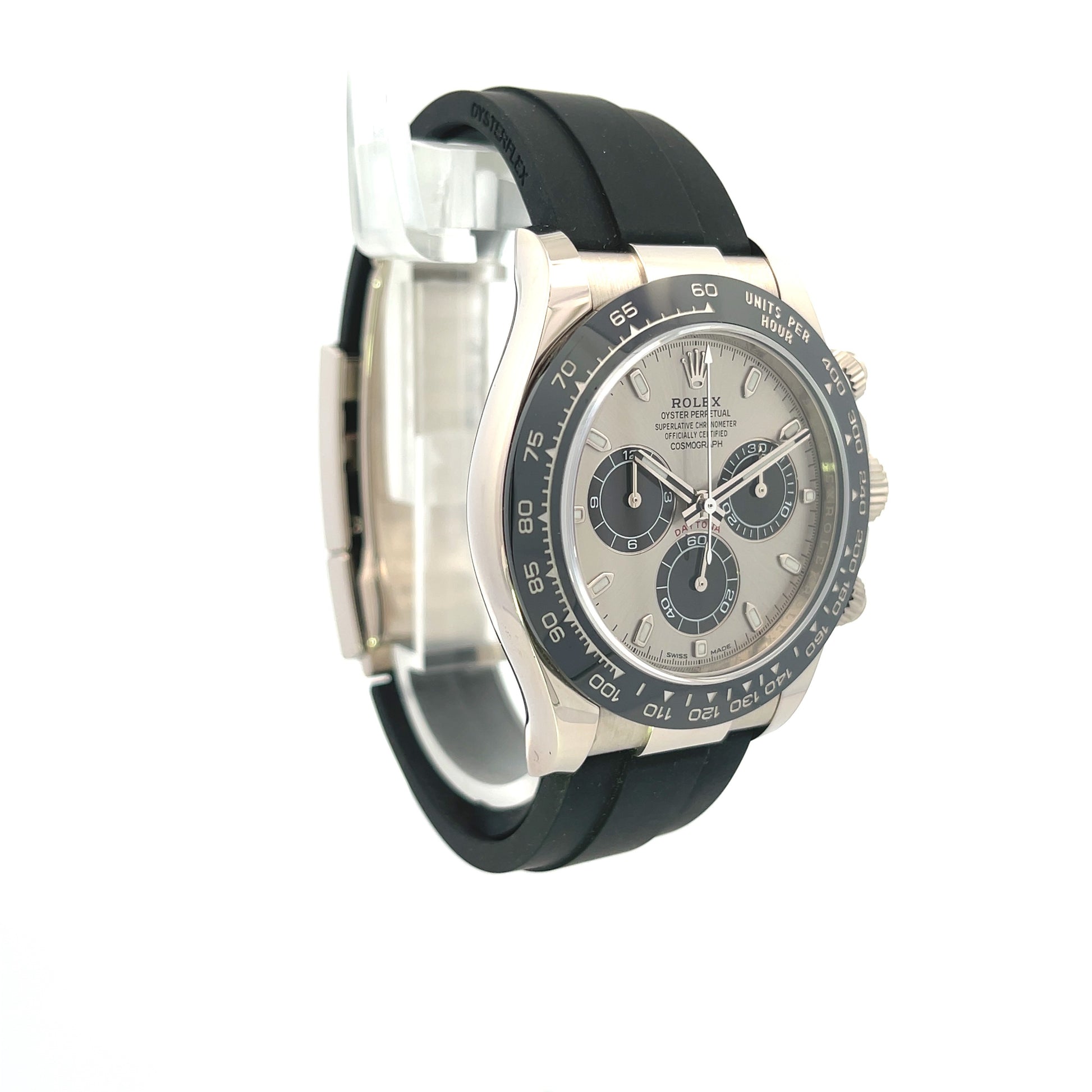 Rolex Daytona 40mm White Gold Steel and Black Dial Oysterflex 116519LN - Beverly Hills Watch Company