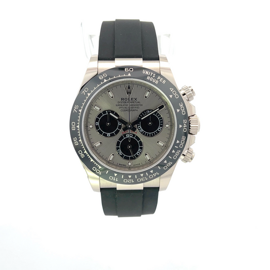 Rolex Daytona 40mm White Gold Steel and Black Dial Oysterflex 116519LN - Beverly Hills Watch Company