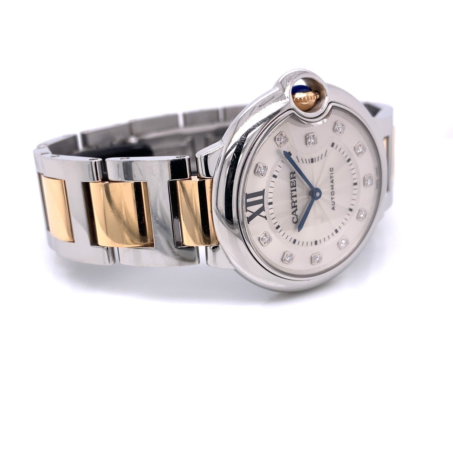 artier Ballon Bleu Medium 36MM Rose Gold Stainless Steel Silver Diamond Dial WE902031 421A7L - Beverly Hills Watch Company