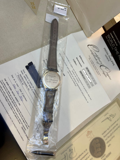 Patek Philippe 175th Anniversary World Timer White Gold Alligator Strap 5575G-001 V27N5U - Beverly Hills Watch Company Watch Store