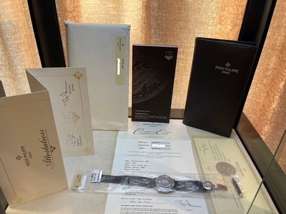 Patek Philippe 175th Anniversary World Timer White Gold Alligator Strap 5575G-001 V27N5U - Beverly Hills Watch Company Watch Store