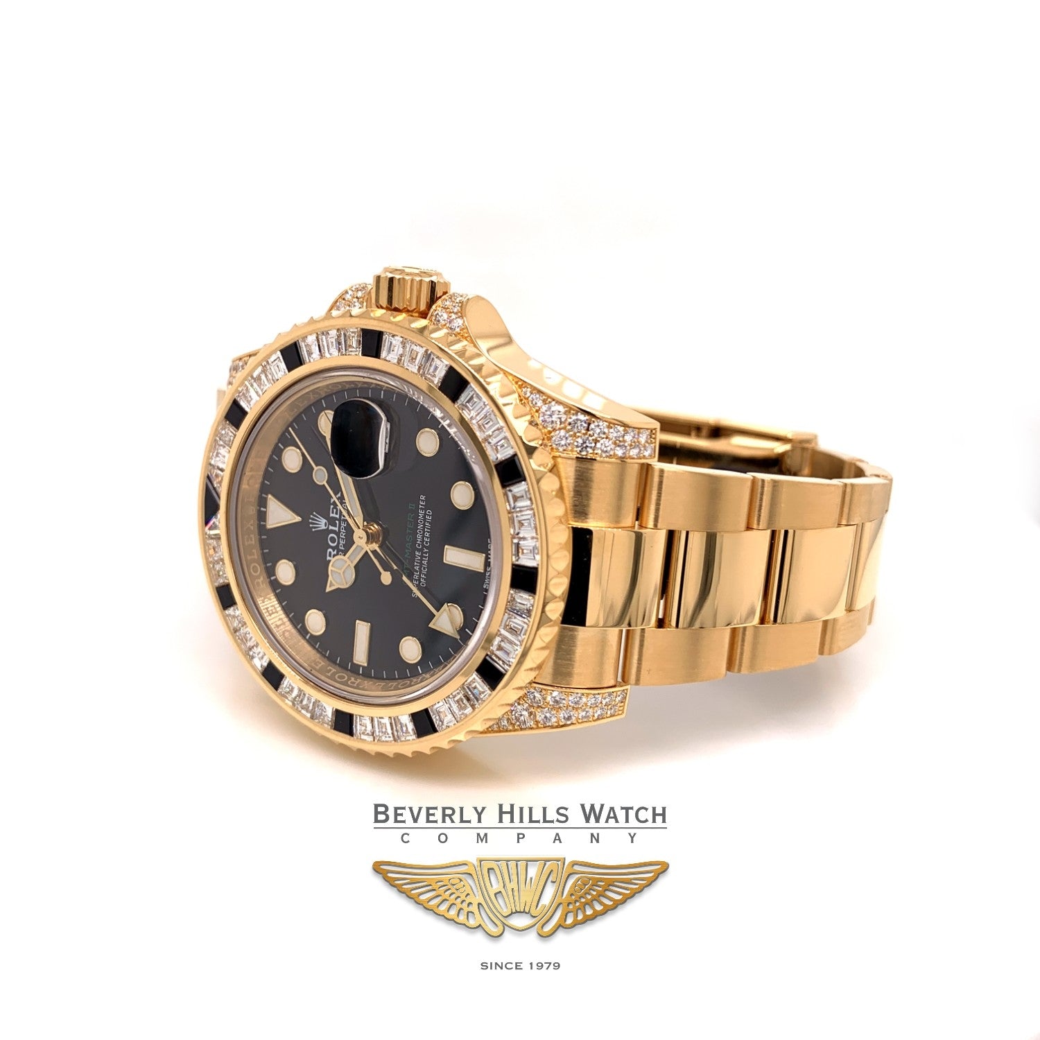 Rolex GMT Master II 40mm Yellow Gold Diamond and Sapphire Baguette Bezel 116758SANR 5L6PMJ - Beverly Hills Watch Company