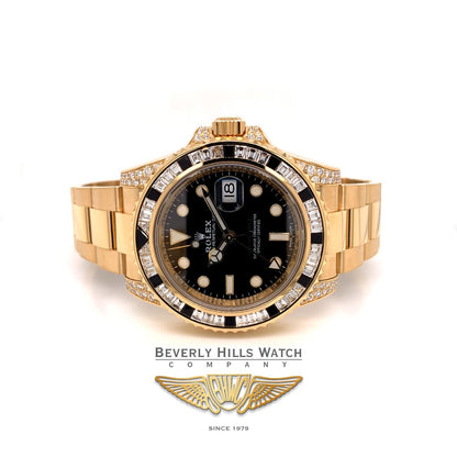 Rolex GMT Master II 40mm Yellow Gold Diamond and Sapphire Baguette Bezel 116758SANR 5L6PMJ - Beverly Hills Watch Company