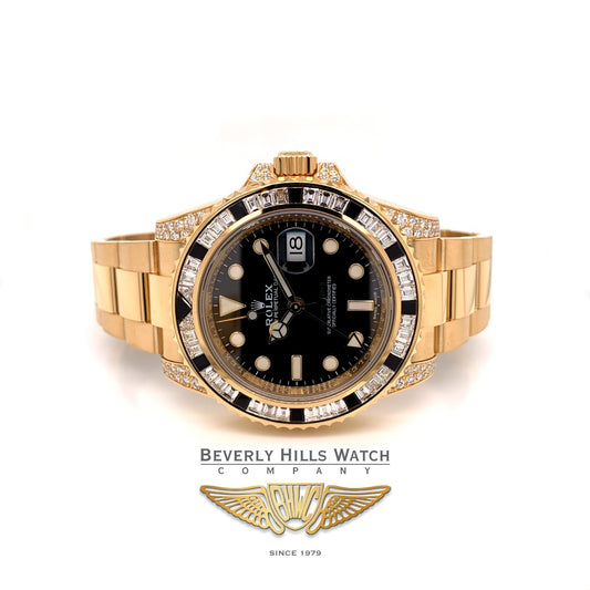 Rolex GMT Master II 40mm Yellow Gold Diamond and Sapphire Baguette Bezel 116758SANR 5L6PMJ - Beverly Hills Watch Company