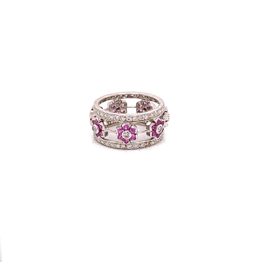 Naira & C Diamond and Pink Sapphire Floral White Gold Ring 6938