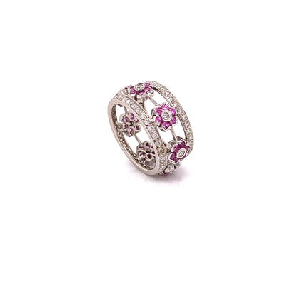 Naira & C Diamond and Pink Sapphire Floral White Gold Ring 6938