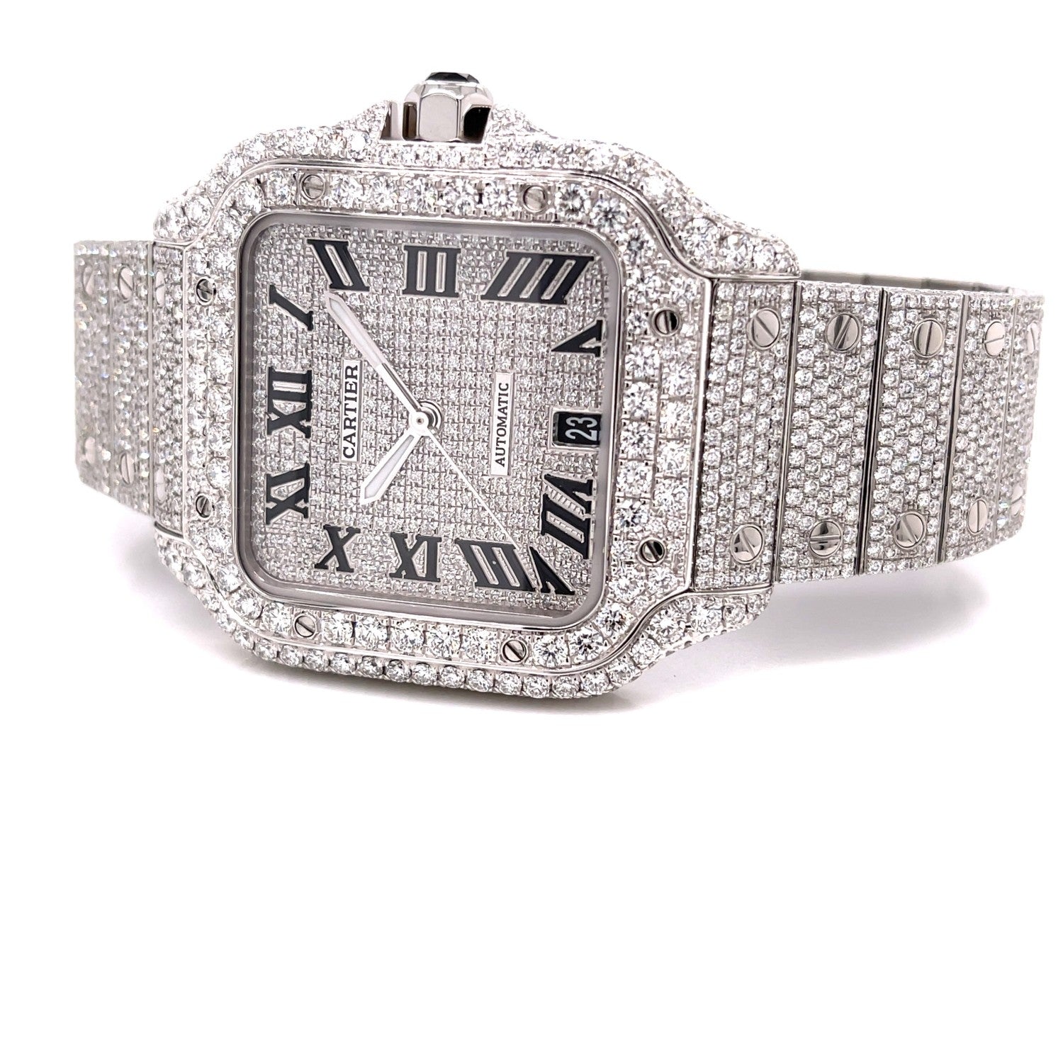 Cartier Santos de Cartier Medium Stainless Steel Customized Diamond Watch WSSA0029 - Beverly Hills Watch Company