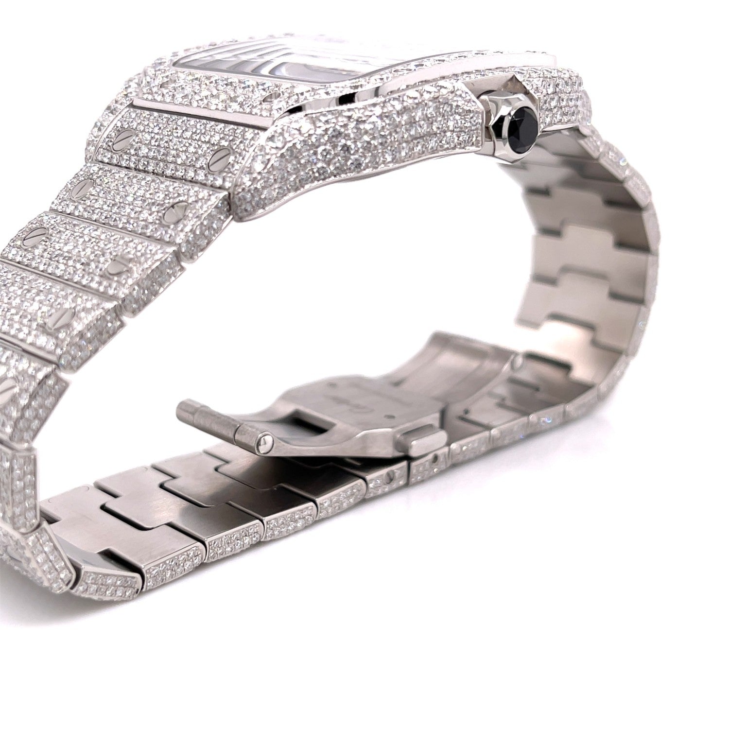 Cartier Santos de Cartier Medium Stainless Steel Customized Diamond Watch WSSA0029 - Beverly Hills Watch Company