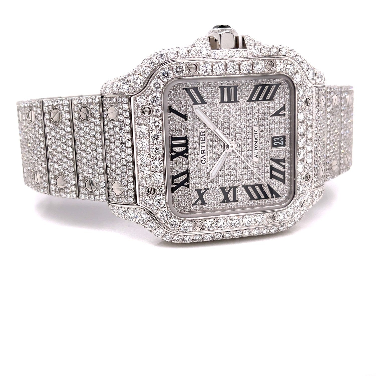 Cartier Santos de Cartier Medium Stainless Steel Customized Diamond Watch WSSA0029 - Beverly Hills Watch Company