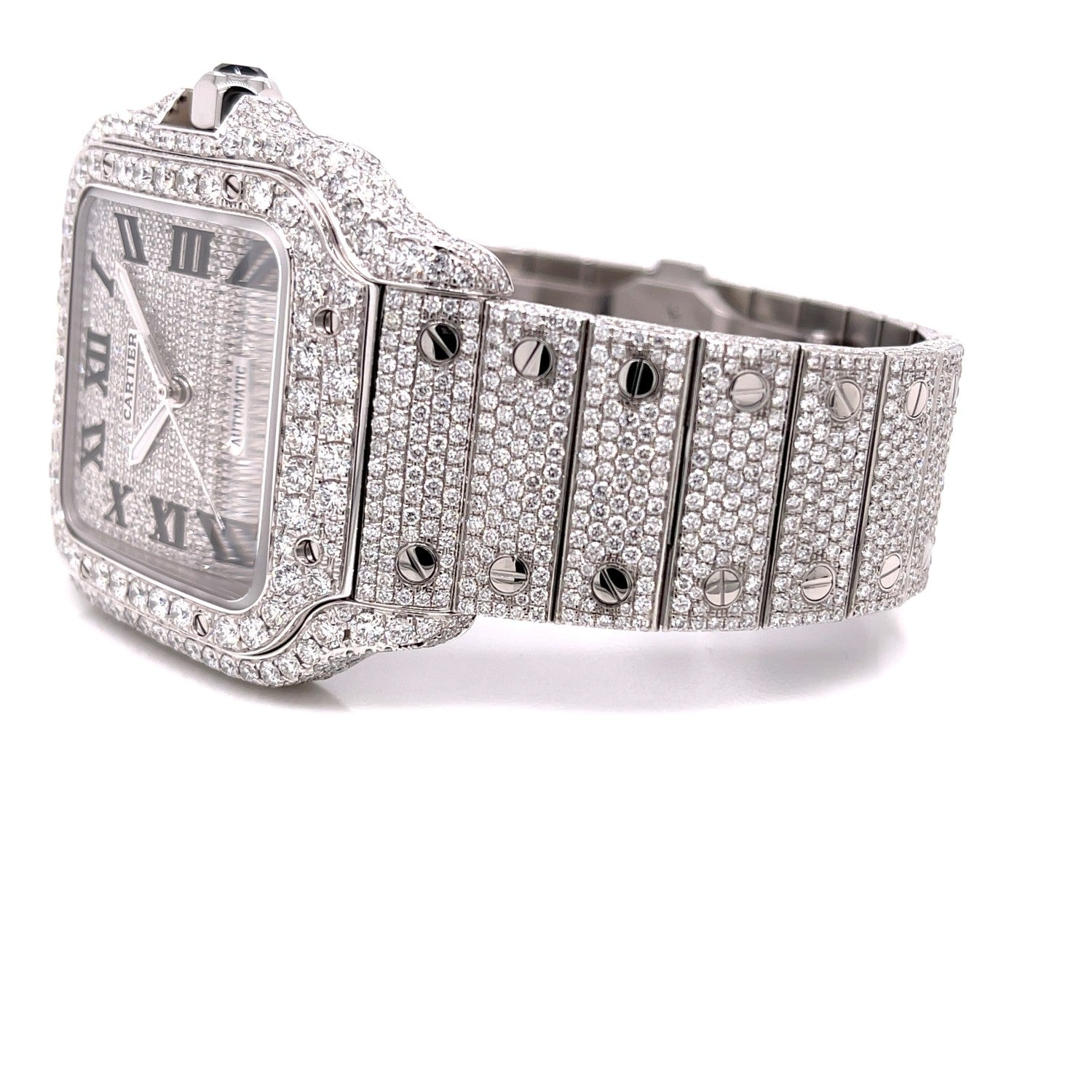 Cartier Santos de Cartier Medium Stainless Steel Customized Diamond Watch WSSA0029 - Beverly Hills Watch Company