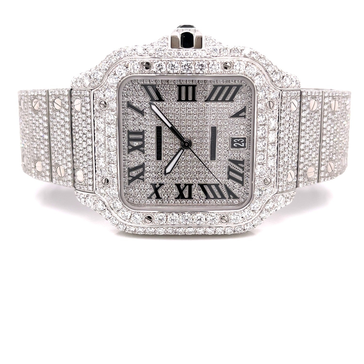 Cartier Santos de Cartier Medium Stainless Steel Customized Diamond Watch WSSA0029 - Beverly Hills Watch Company