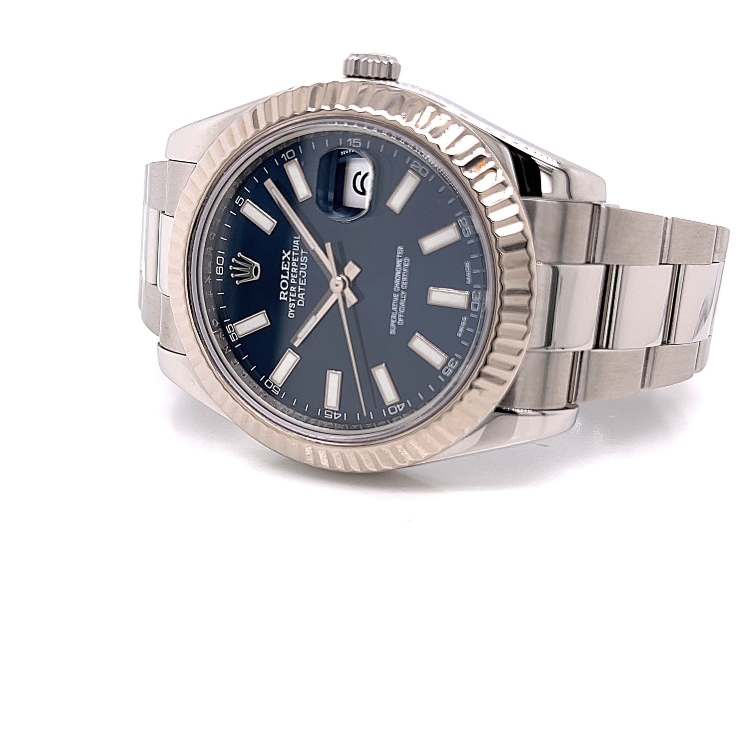 Rolex Datejust II 41mm Stainless Steel 18K White Gold Fluted Bezel Blue Dial 116334 - Beverly Hills Watch Company