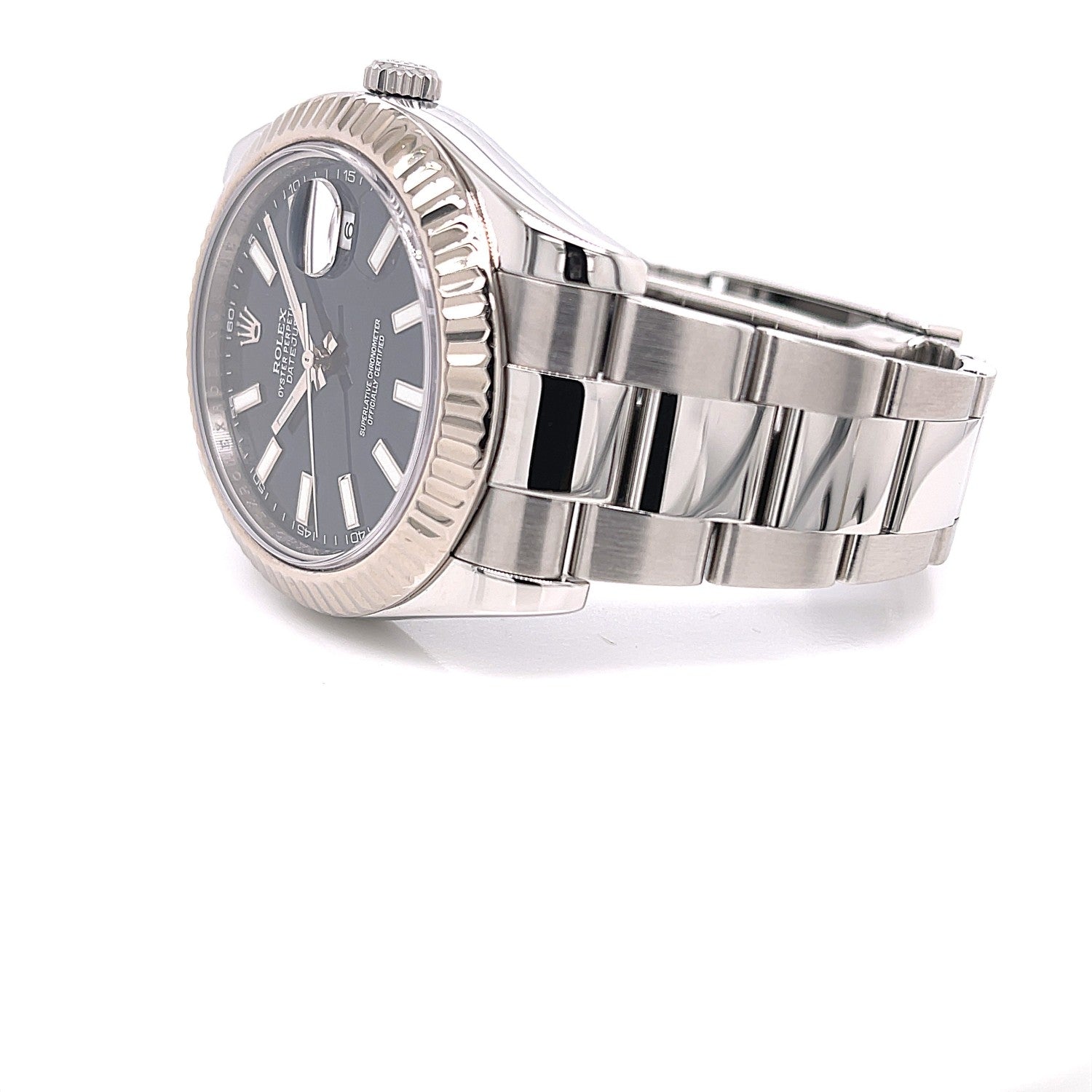 Rolex Datejust II 41mm Stainless Steel 18K White Gold Fluted Bezel Blue Dial 116334 - Beverly Hills Watch Company