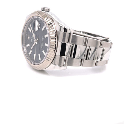 Rolex Datejust II 41mm Stainless Steel 18K White Gold Fluted Bezel Blue Dial 116334 - Beverly Hills Watch Company
