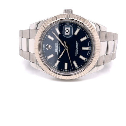 Rolex Datejust II 41mm Stainless Steel 18K White Gold Fluted Bezel Blue Dial 116334 - Beverly Hills Watch Company