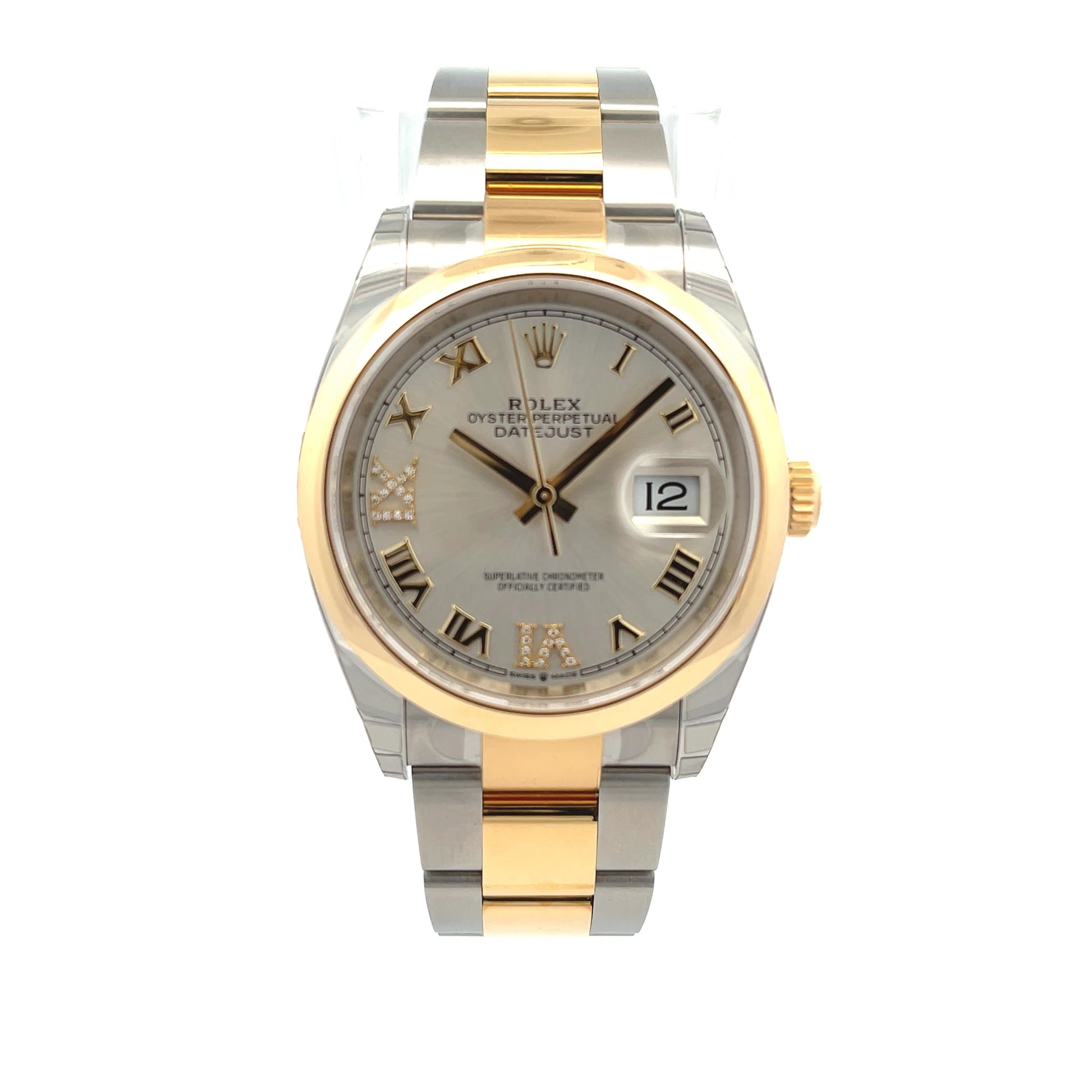 Rolex Datejust 36mm Yellow Gold and Stainless Silver Roman Diamond 126203 - Beverly Hills Watch Company