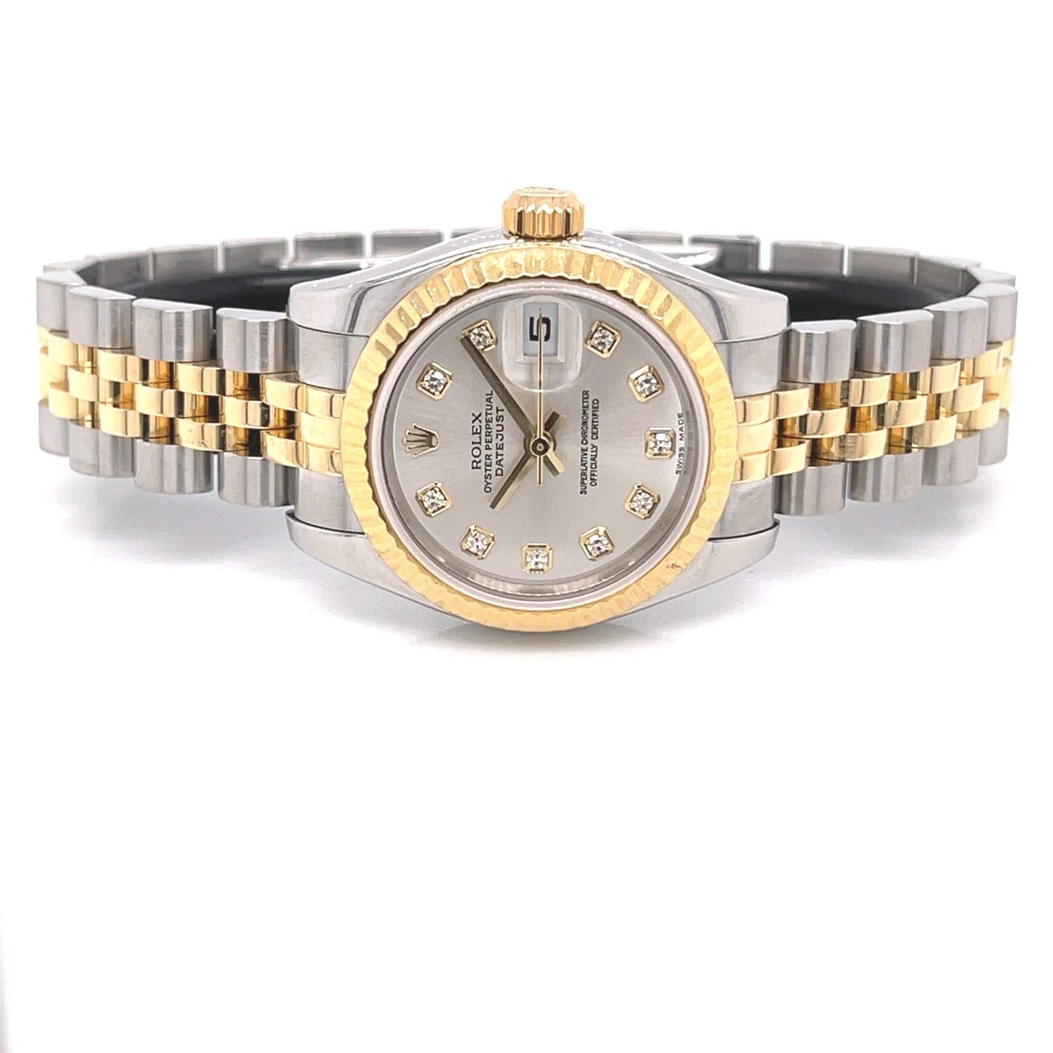 Rolex Datejust 26mm Stainless Steel Yellow Gold Silver Diamond Dial 179173 82TY8T - Beverly Hills Watch Company