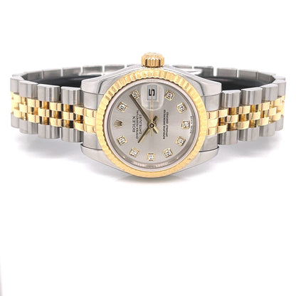 Rolex Datejust 26mm Stainless Steel Yellow Gold Silver Diamond Dial 179173 82TY8T - Beverly Hills Watch Company