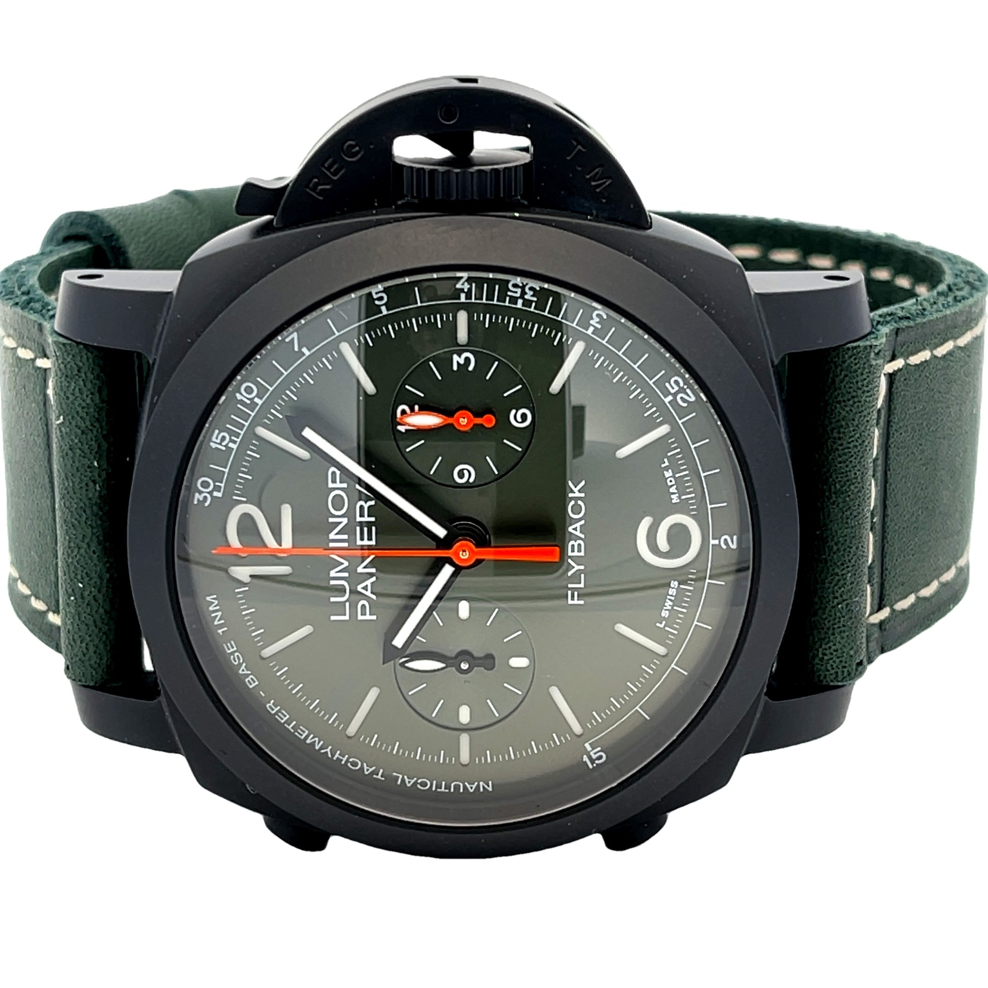 Panerai Luminor Chronograph Flyback 44mm Ceramic Green Dial PAM01498 - Beverly Hills Watch Company