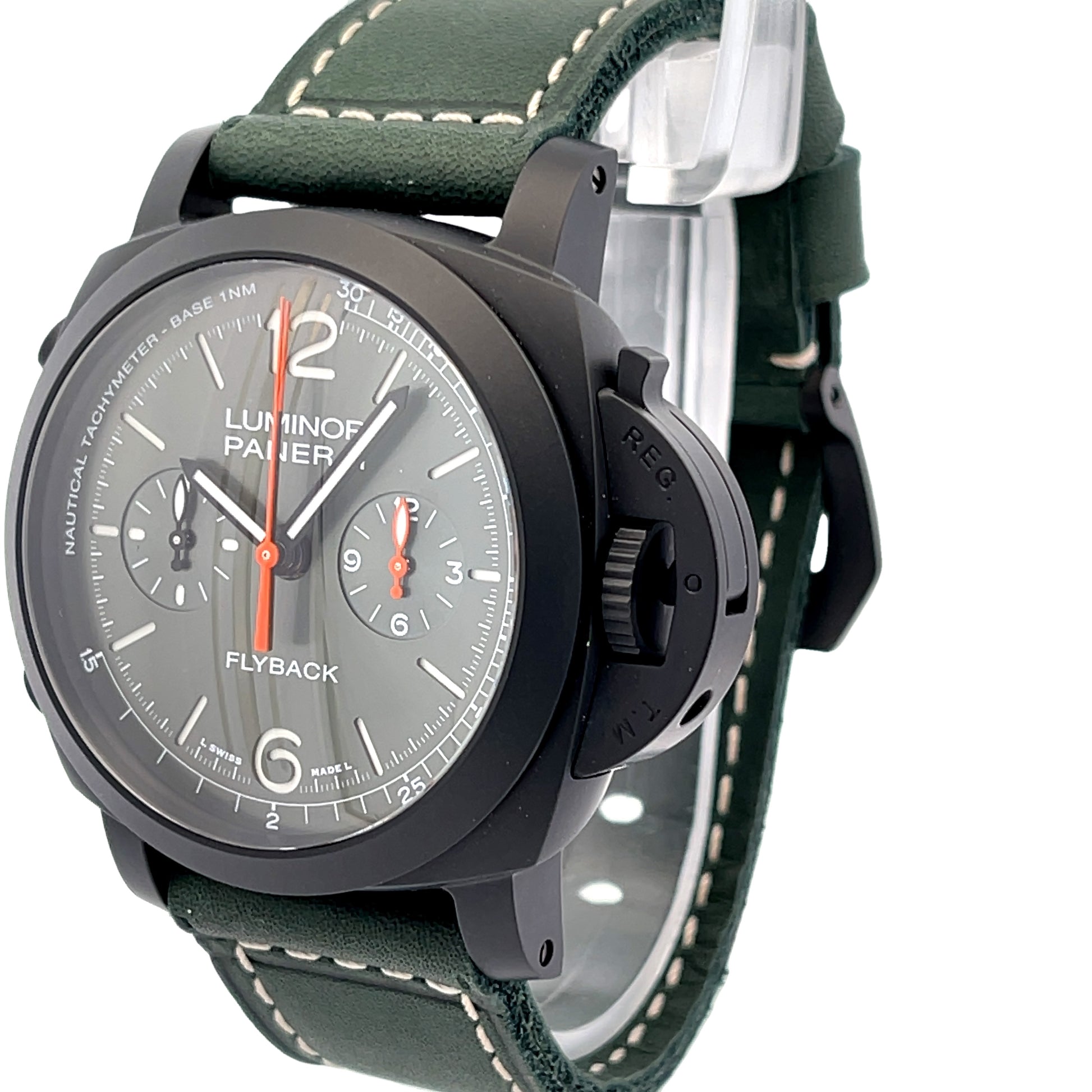 Panerai Luminor Chronograph Flyback 44mm Ceramic Green Dial PAM01498 - Beverly Hills Watch Company